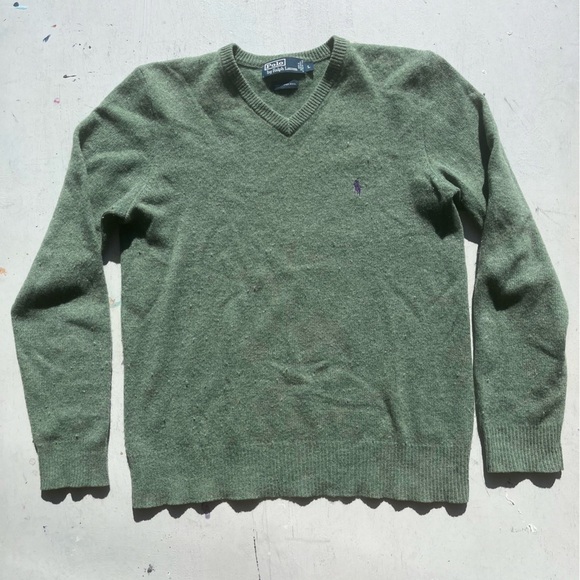 Men's Polo Ralph Lauren Sweatshirt Green Pony L V-Neck Wool Preppy Dad Classic - Picture 3 of 12